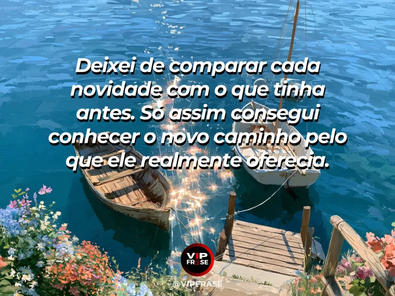 Mensagem de recomeço sobre descobrir uma nova fase sem medir pelo passado, em janela aberta para paisagem nova de árvores floridas e mar.