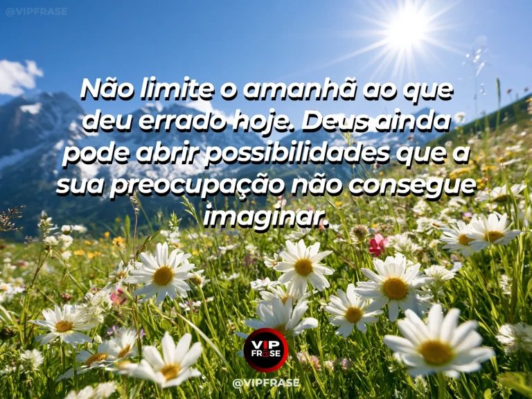 Frase sobre Deus com campo aberto com flores amarelas sob céu azul profundo e nuvens iluminadas.