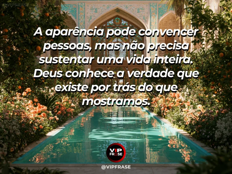 Frase sobre Deus com espelho antigo simples apoiado em parede de pedra, refletindo um jardim luminoso e natural.