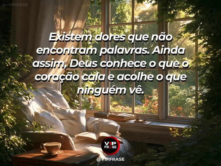 Frase sobre Deus com janela com cortina leve aberta para céu azul e árvores floridas, ambiente sereno.