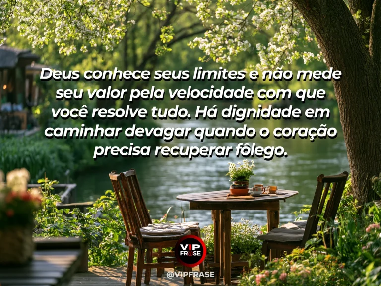 Mensagem sobre respeitar o próprio ritmo com Deus, em caminho florido e tranquilo.