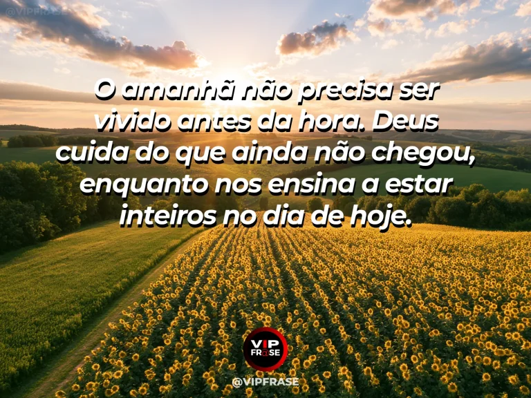 Mensagem sobre Deus cuidar do amanhã com jardim iluminado pelo amanhecer.