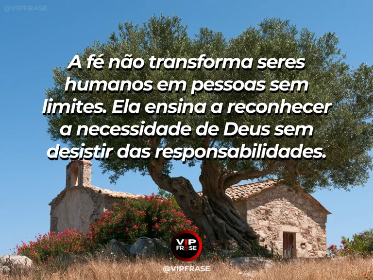 Frase de força sobre deus e os limites da própria capacidade, com capela modesta de pedra sob picos monumentais iluminados.