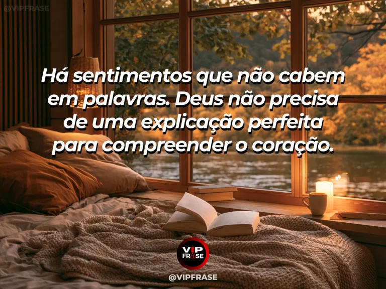 Frase sobre Deus com quarto aconchegante com janela para jardim florido, manta macia e luz dourada entrando.