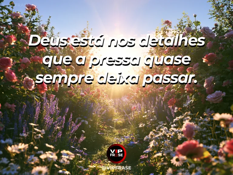Frase sobre Deus com trilha de pedras entre flores silvestres ao amanhecer, luz dourada atravessando árvores, pequenos detalhes naturais em destaque.