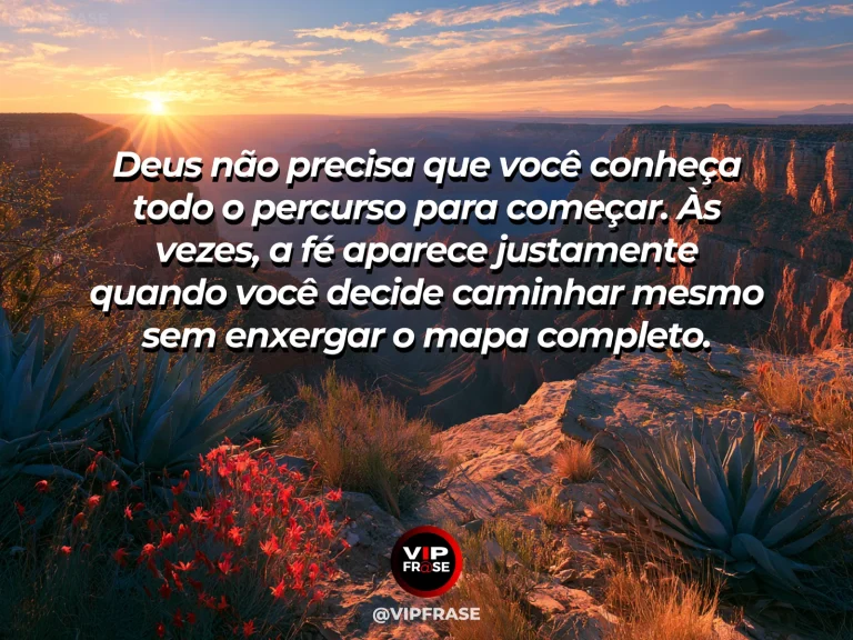 Mensagem de fé e confiança em Deus, com trilha desaparecendo entre montanhas.