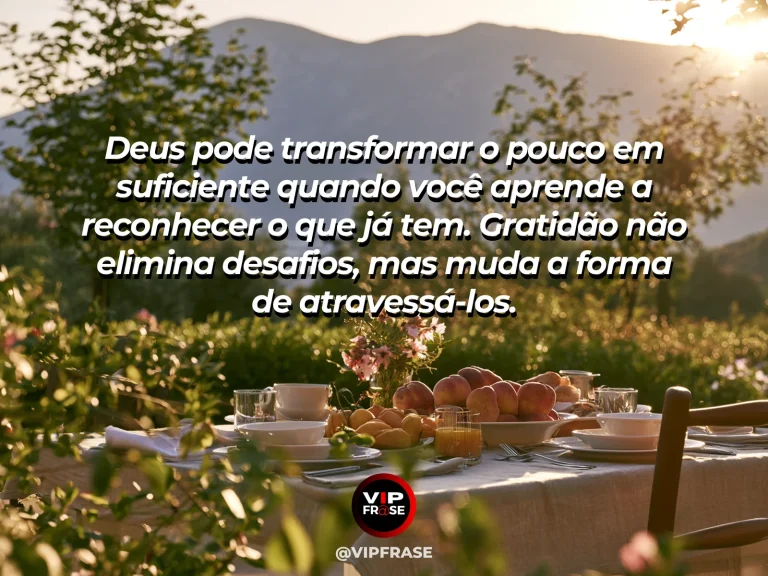 Mensagem de gratidão a Deus, com mesa simples, frutas e flores em varanda.