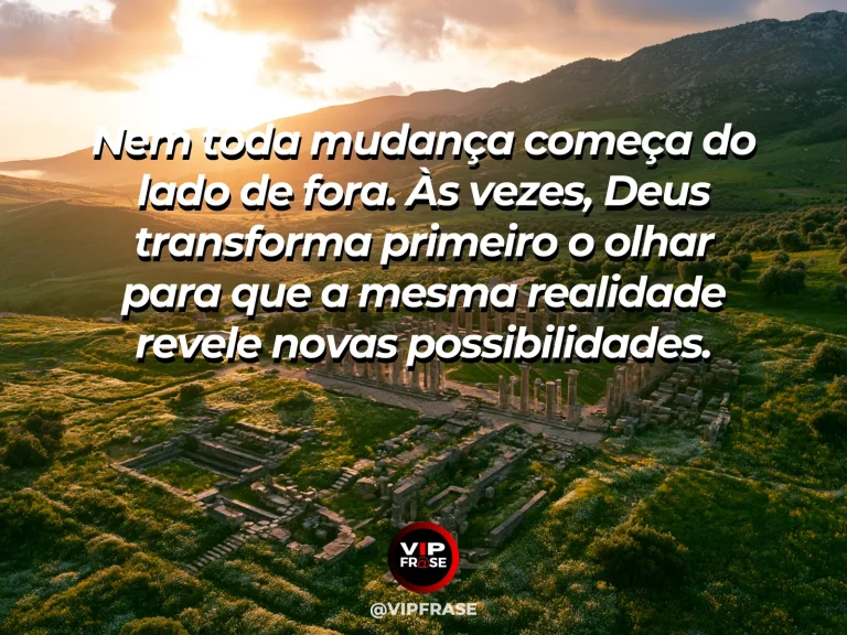 Frase sobre Deus com lago espelhado refletindo montanhas e céu, com um ângulo de luz transformando as cores da paisagem.