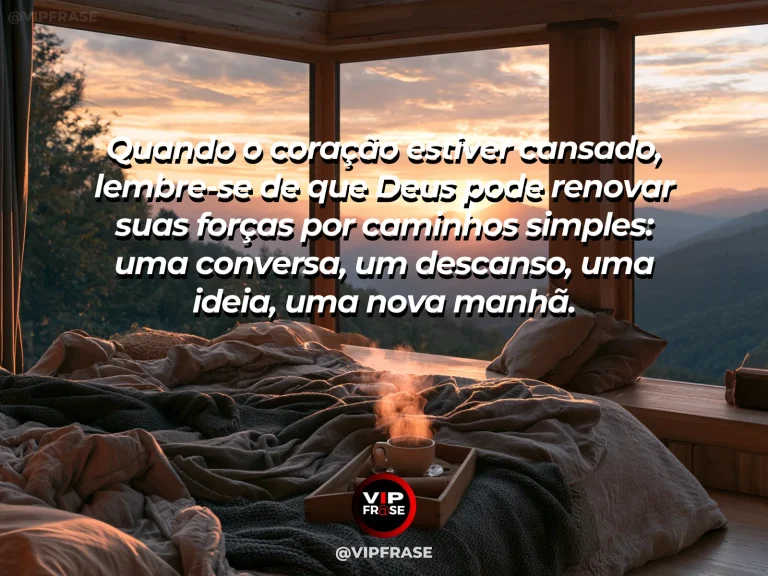 Mensagem sobre renovação em Deus, com quarto acolhedor e jardim ensolarado.