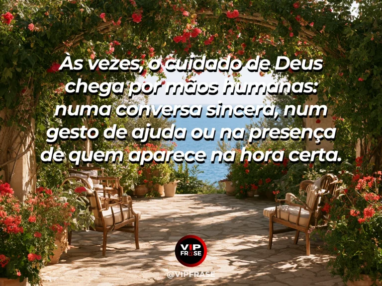 Arte sobre deus também age através de pessoas, com duas cadeiras em varanda de jardim com xícaras sobre uma mesa.