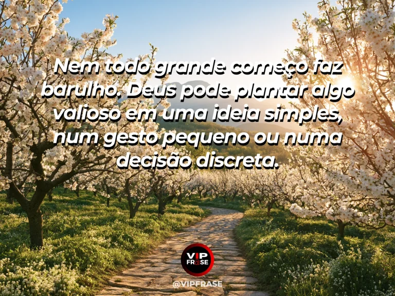 Frase sobre Deus com broto verde surgindo da terra úmida sob um raio de sol, com fundo de jardim vibrante.