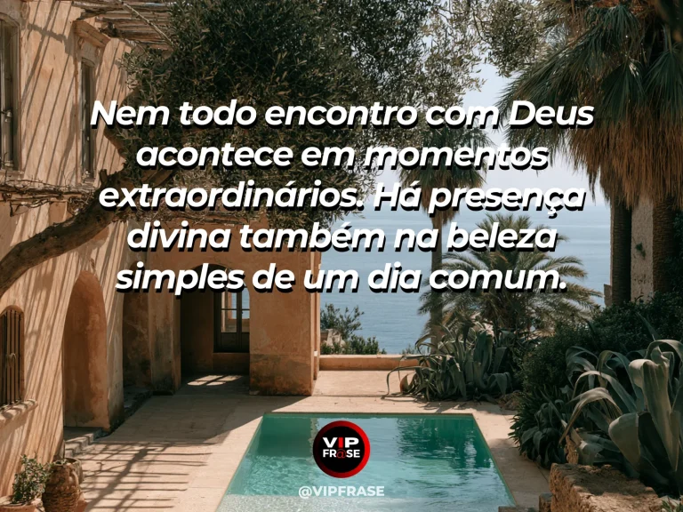 Frase sobre Deus com varanda mediterrânea com vasos de terracota e vista para mar turquesa em manhã clara.
