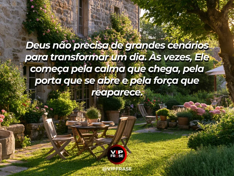 Mensagem sobre Deus nos dias comuns, com varanda aconchegante e jardim florido.