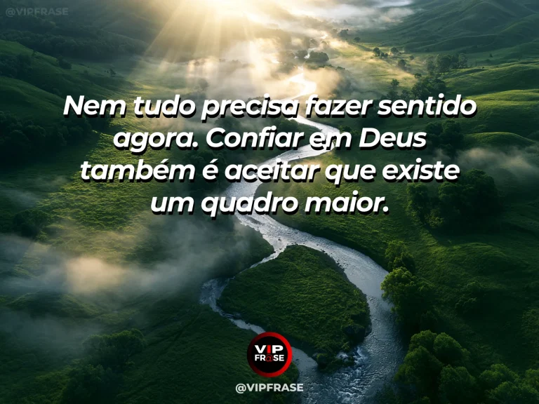 Frase sobre Deus com vista aérea de rio formando curvas entre montanhas, composição ampla revelando padrão invisível do chão.