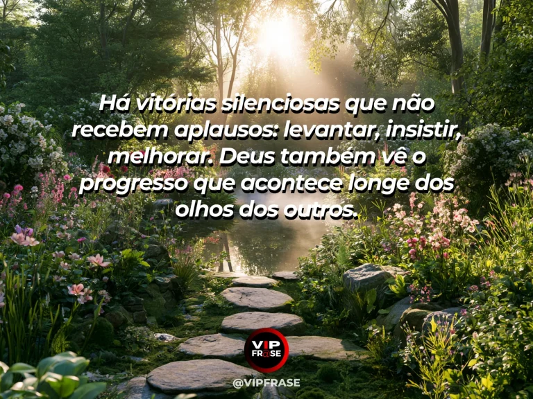 Frase sobre Deus com pequena planta florescendo em um canto discreto de jardim ao nascer do sol.