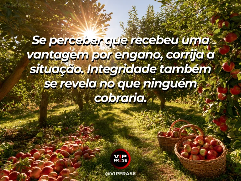 Frase de sabedoria sobre integridade diante de vantagens indevidas, com duas maçãs em cesta e uma terceira depositada à parte em mesa.