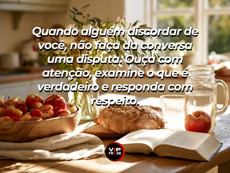 Mensagem de sabedoria sobre diálogo respeitoso entre opiniões diferentes, com duas xícaras sobre mesa de jardim cercada por flores.