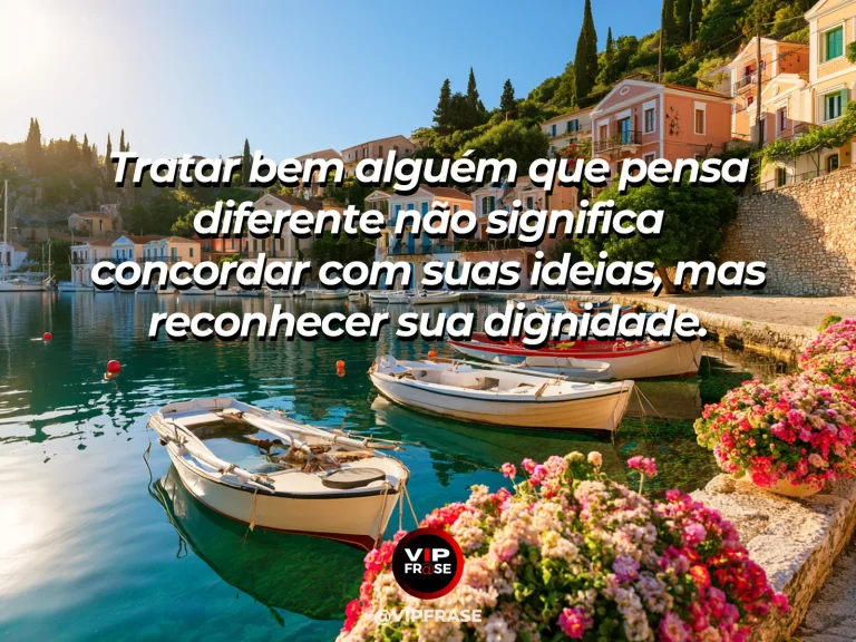 Arte com frase de paz sobre dignidade e respeito além da concordância, em cenário de praça mediterrânea arborizada com bancos sob luz dourada.