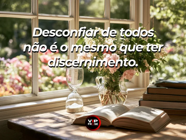 Frase de sabedoria sobre equilíbrio entre confiança e discernimento, com janela ampla aberta para jardim exuberante, com cortinas leves.