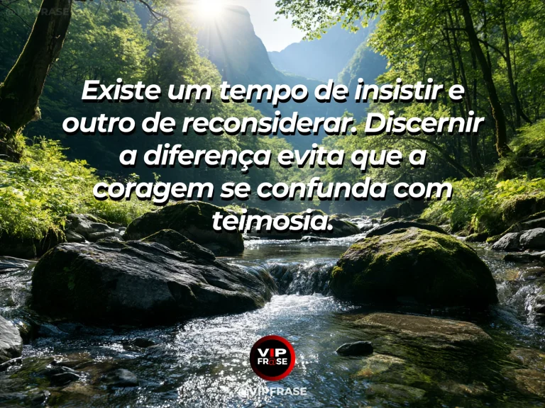 Mensagem de sabedoria sobre discernir persistência de teimosia, com rio claro contornando uma grande pedra ao sol.