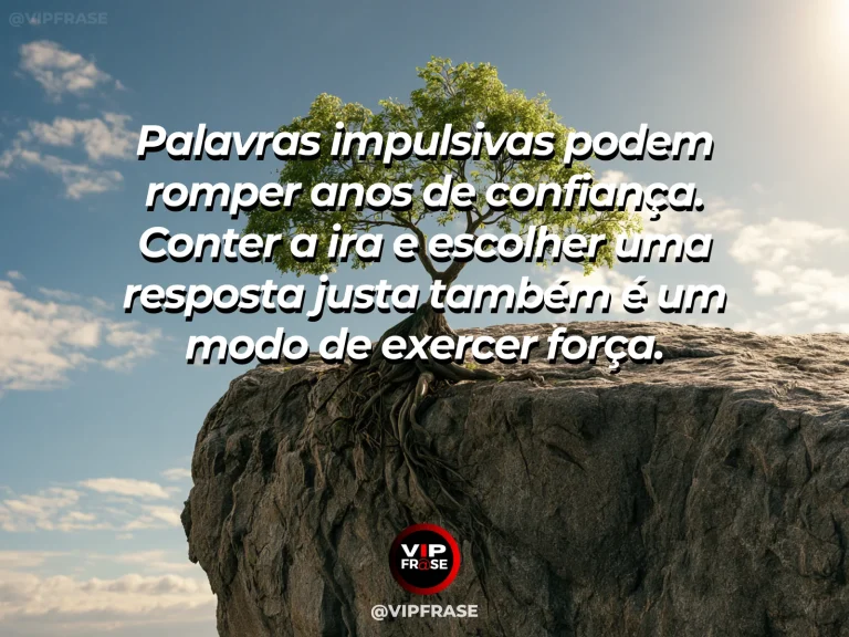 Mensagem de força sobre domínio próprio na hora da provocação, com leão vigilante e calmo sobre rocha na savana.