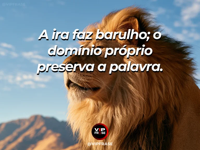 Frase de força sobre domínio próprio nas palavras, com leão majestoso e tranquilo observando rio cristalino diante das montanhas.
