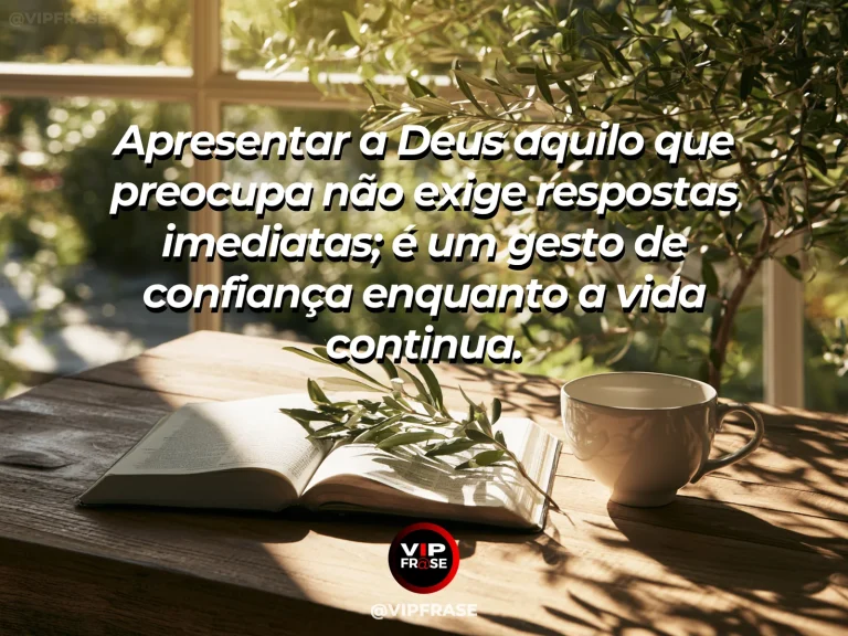 Arte com frase de paz sobre entregar preocupações a deus em oração, em cenário de mesa clara com livro aberto, xícara e vista de jardim.