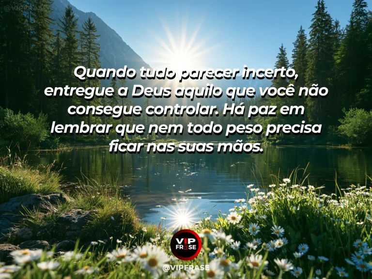 Mensagem de paz com Deus, em lago sereno cercado por montanhas.