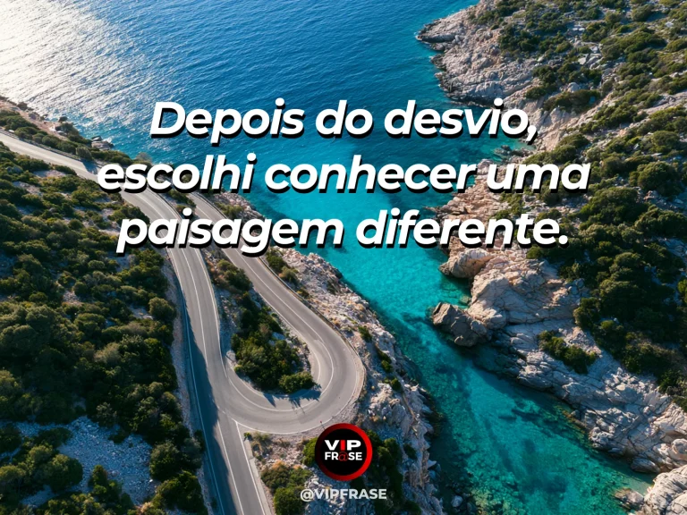 Mensagem sobre recomeço e aceitar um desvio como início de uma experiência diferente, com estrada curva emerge de vale verde para campo florido desconhecido.