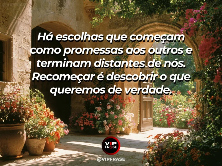 Mensagem de recomeço sobre escolher novos rumos sem atender expectativas alheias, em porta de jardim discreta abre para pátio pessoal cheio de flores.