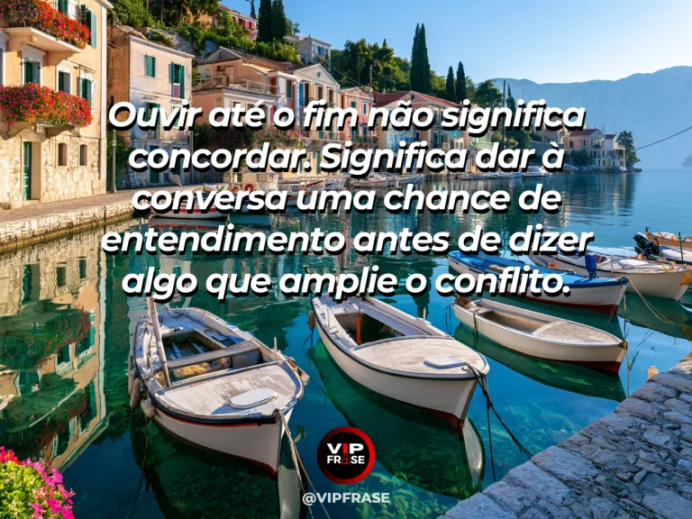 Arte com frase de paz sobre escuta atenta para evitar conflitos, em cenário de duas cadeiras próximas em jardim com flores coloridas.