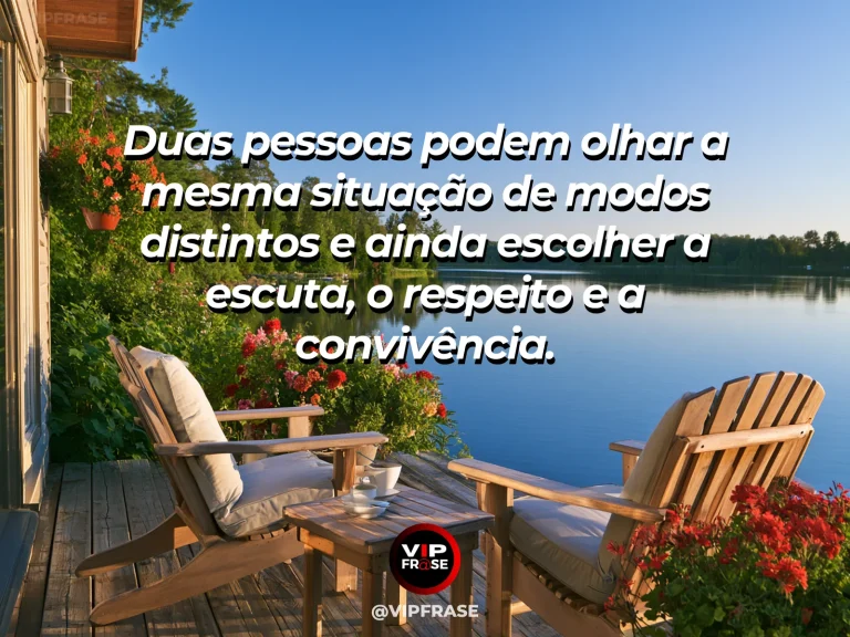 Arte com frase de paz sobre escutar e respeitar pontos de vista distintos, em cenário de dois bancos de jardim diante de lago tranquilo e colinas.