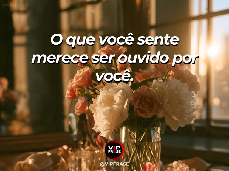 Frase de autoestima sobre listening to your own feelings, com still pond reflecting flowers and soft sky