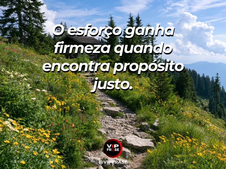 Frase de força sobre esforço com propósito, com mosteiro de pedra no alto das montanhas ligado por trilha florida.