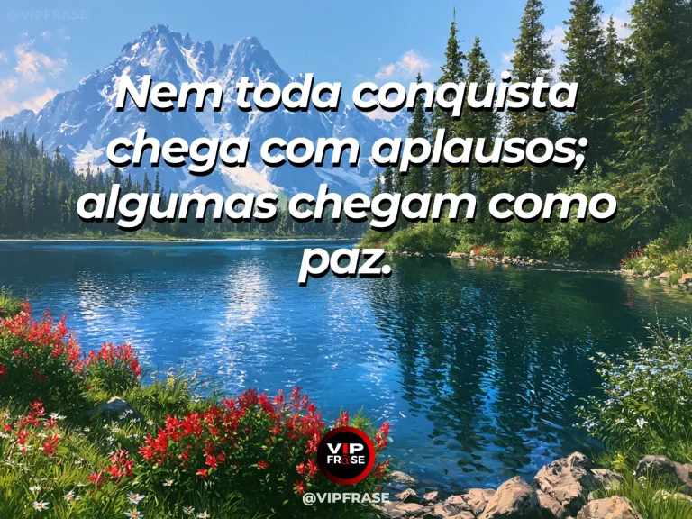 Frase de esperança com lago sereno ao amanhecer com flores e montanhas refletidas.