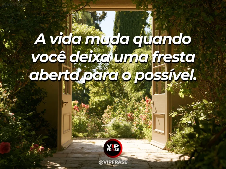 Frase de esperança com porta entreaberta revelando jardim vibrante e iluminado.