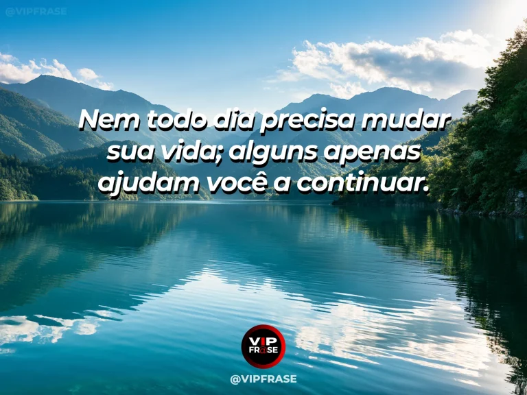 Frase de esperança com varanda aconchegante diante de lago azul e jardim ensolarado.
