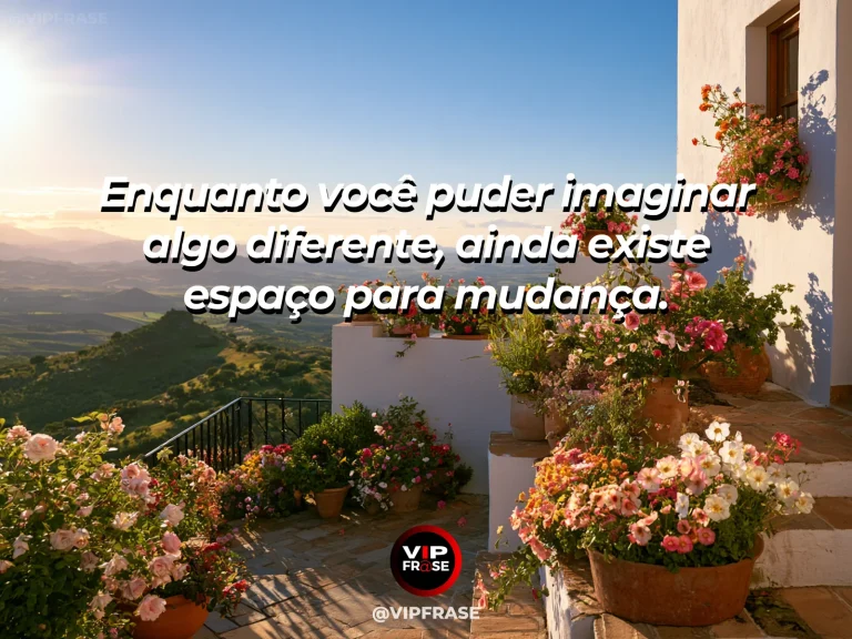 Frase de esperança com horizonte vibrante visto de uma varanda florida.