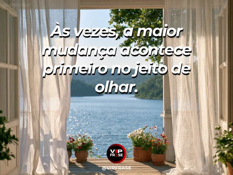 Frase de esperança com janela ampla enquadrando uma paisagem luminosa de montanhas e flores.