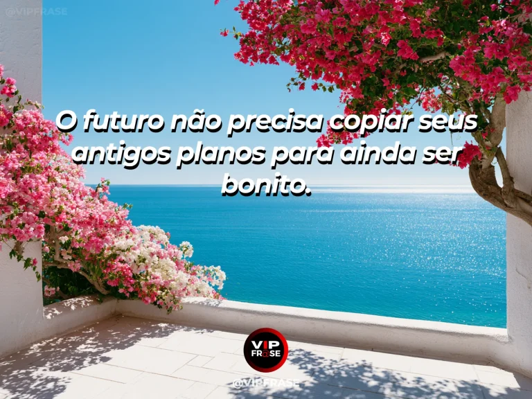 Frase de esperança com casa costeira luminosa diante de mar azul e jardim colorido.