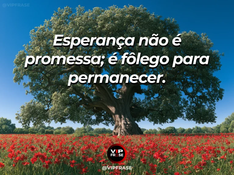 Frase de força sobre esperança sem garantias falsas, com grande árvore em campo florido ao nascer do sol entre montanhas.
