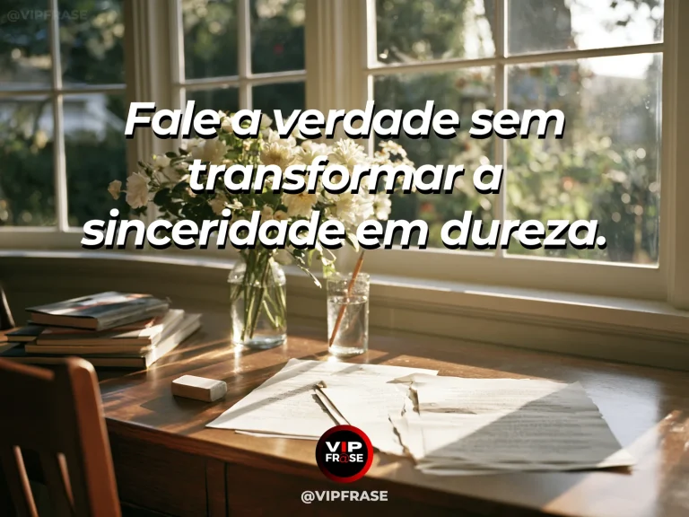 Mensagem de sabedoria sobre verdade dita com gentileza, com vaso com camélias rosadas em janela iluminada.