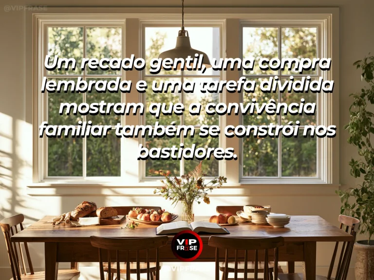 Frase sobre família e a beleza das pequenas contribuições, com mesa da cozinha com sacola de frutas, bilhete e flores frescas.