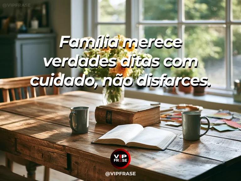 Mensagem sobre família e a coragem de contar a verdade, com mesa com duas xícaras e uma janela luminosa.