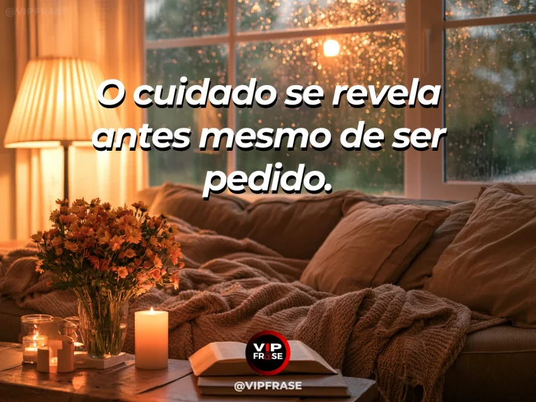 Arte com frase sobre família e a delicadeza do cuidado, em cena de xícara de chá e manta cuidadosamente dobrada no sofá.