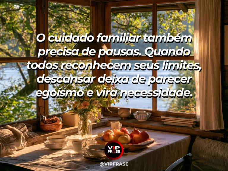 Mensagem sobre família e a importância de descansar sem culpa, com cadeira de leitura sob sombra de jardim.
