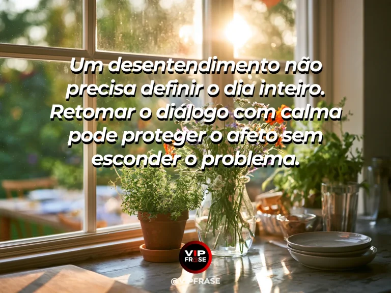 Frase sobre família e a paz depois de uma conversa difícil, com duas xícaras de chá numa mesa com janela para jardim após chuva.