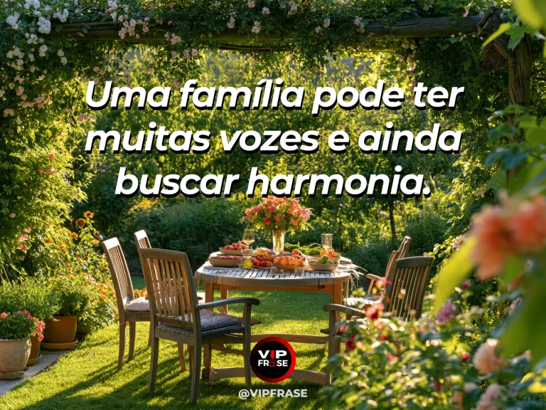 Mensagem sobre família e a serenidade nas diferenças, com cadeiras distintas em roda sob pérgola florida.
