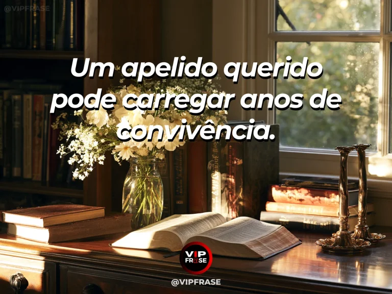 Frase sobre família e a ternura dos apelidos, com álbum de família fechado e buquê colorido numa mesinha antiga.
