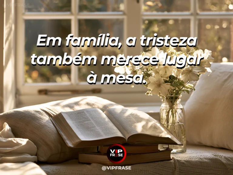 Mensagem sobre família e acolher emoções difíceis, com sofá acolhedor ao lado de flores brancas.